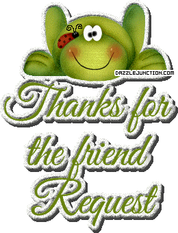 Cute green character graphic that says Thanks for the Friend Request.