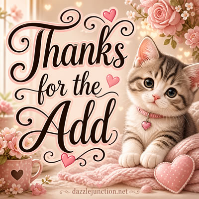 Cute kitten graphic with a Thanks for the Add message.