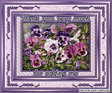 Purple framed flower graphic with a Thanks for the Add message.