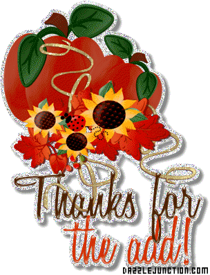 Bright red flower graphic that says Thanks for the Add.