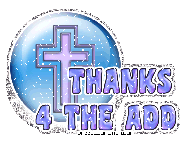 Blue cross graphic that says Thanks 4 the Add.