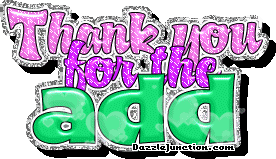 Purple and green text graphic that says Thank you for the add.