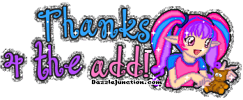 Pink and purple cartoon graphic that says Thanks 4 the Add.