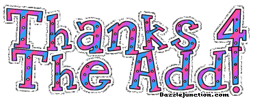 Blue and pink text graphic that says Thanks 4 the Add.