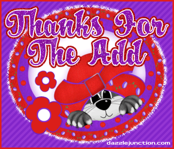 Red cat graphic that says Thanks 4 Da Add.