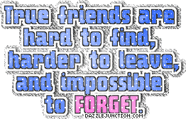 Blue friendship quote graphic that says true friends are hard to find, harder to leave, and impossible to forget.