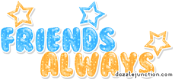 Orange and blue star graphic that says Friends Always.