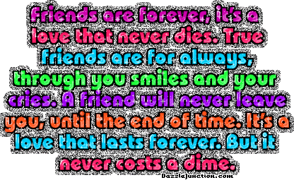 Colorful friendship quote graphic with hearts.