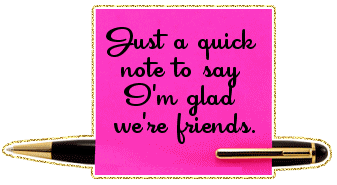 Pink laptop graphic that says Just a quick note to say I'm glad we're friends.