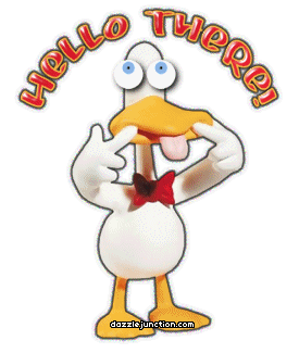 Silly duck character with crazy eyes saying Hello There