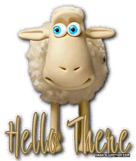 Cute sheep character with crazy eyes saying Hello There