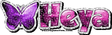 Purple butterfly greeting image that says Heya